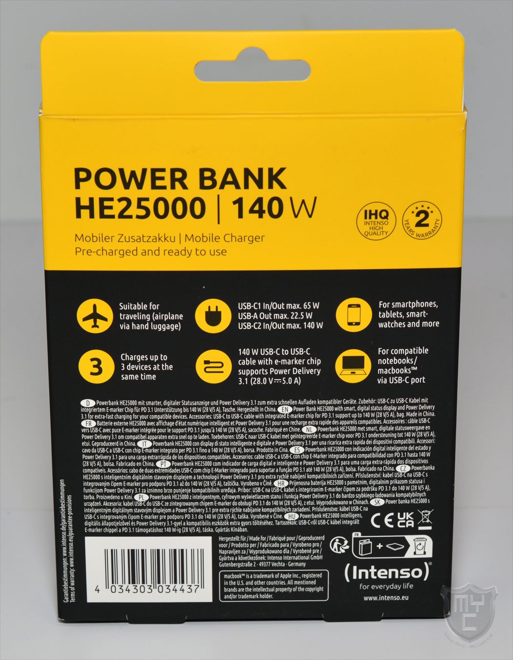 Intenso Powerbank HE25000 25000mAh - 140W PD USB-C Snellader Met Display Grijs-Zwart